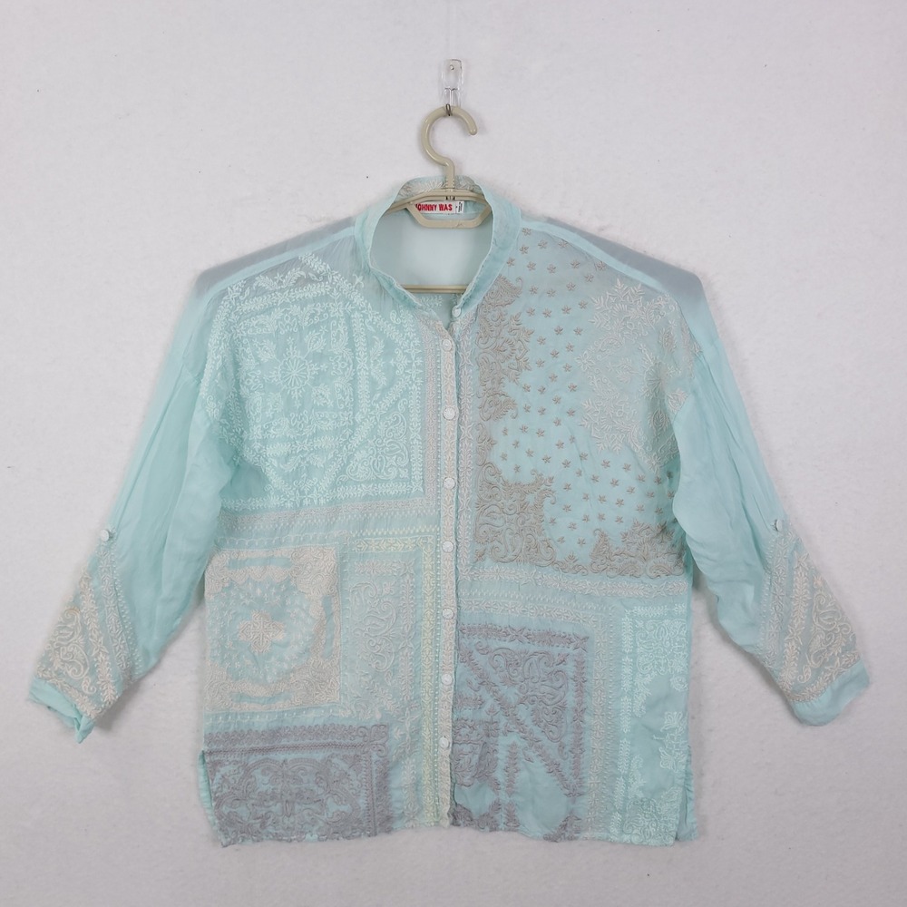 Johnny Was Blouse Womens S Aqua Blue Embroidered Boho Patchwork Cupra C11521-4